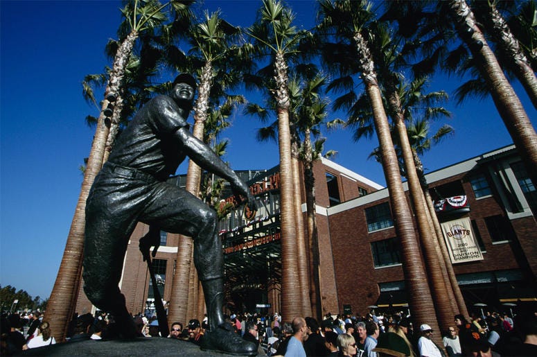 Willie Mays statue at Oracle Park San Francisco SAN FRANCISCO - OCTOBER 5: Willie Mays statue is shown before Game Two of the 2000 NLDS between the San Francisco Giants and New York Mets at Pacific Bell Park on October 5, 2000 in San Francisco, California. (Photo by Tom Hauck/Getty Images)
