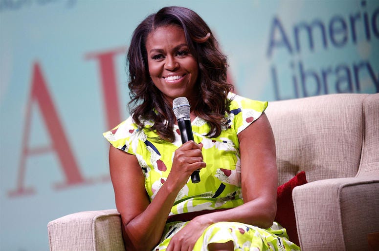 Former U.S. First Lady Michelle Obama NEW ORLEANS, LA - JUNE 22: Former U.S. first lady Michelle Obama discusses her forthcoming memoir titled, 'Becoming', during the 2018 American Library Association Annual Conference on June 22, 2018 in New Orleans, Louisiana. (Photo by Jonathan Bachman/Get
