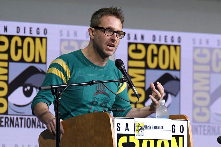 AP18206738278138 In this July 21, 2017 file photo, Chris Hardwick moderates the "Fear The Walking Dead" panel at Comic-Con International in San Diego. AMC host Chris Hardwick is returning to work after a review of sexual assault allegations against him by a former girlfri