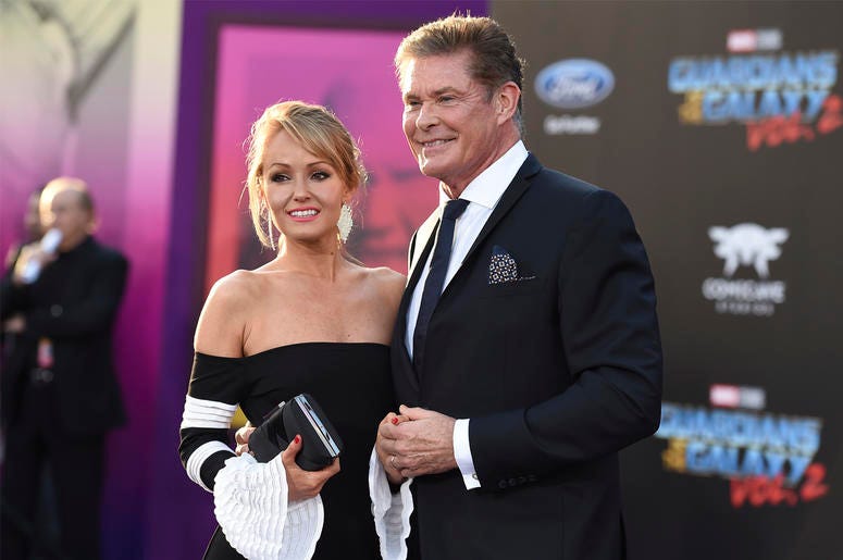 AP18212813763545 In this April 19, 2017 file photo, Hayley Roberts, left, and David Hasselhoff arrive at the world premiere of "Guardians of the Galaxy Vol. 2" in Los Angeles. Hasselhoff’s publicist confirmed Tuesday, July 31, that the actor has married model Hayley Rober
