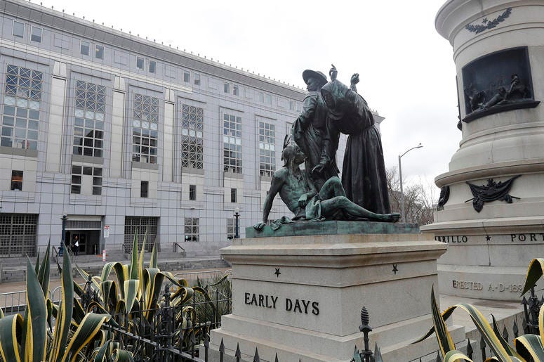 AP18255108351131 This March 2, 2018 file photo shows a statue that depicts a Native American at the feet of a Spanish cowboy and Catholic missionary in San Francisco. A San Francisco board has decided to remove the 19th-century statue that activists say is racist and deme