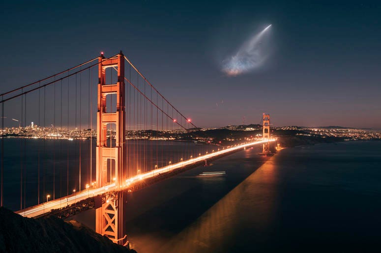 AP18281752070675 In this photo taken Sunday, Oct. 7, 2018 and provided by Justin Borja, a SpaceX Falcon 9 rocket launch is seen in the distance over the Golden Gate Bridge near Sausalito, Calif. When SpaceX launched a rocket carrying an Argentine Earth-observation satelli