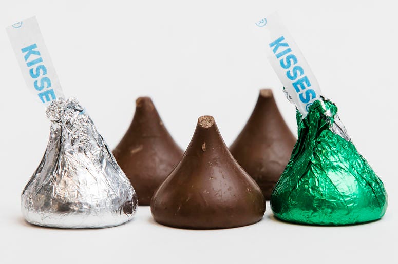 AP18354721427852 Hershey's Kisses are shown in Philadelphia on Thursday, Dec. 20, 2018. The chocolate candy's trademark tips have been mysteriously missing from batches around the country. (AP Photo/Matt Rourke)