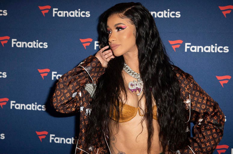 AP19038452943420 This Feb. 2, 2019 file photo, Cardi B arrives at the 2019 Fanatics Super Bowl Party in Atlanta. Even though Cardi B has a strong chance of winning her first-ever Grammy, the rapper says she is feeling nervous heading into the upcoming awards show. (Photo