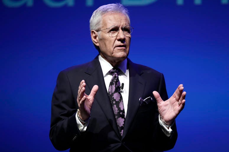 AP19065811337894 In this Oct. 1, 2018, photo, moderator Alex Trebek speaks during a gubernatorial debate between Democratic Gov. Tom Wolf and Republican Scott Wagner in Hershey, Pa. (AP Photo/Matt Rourke)
