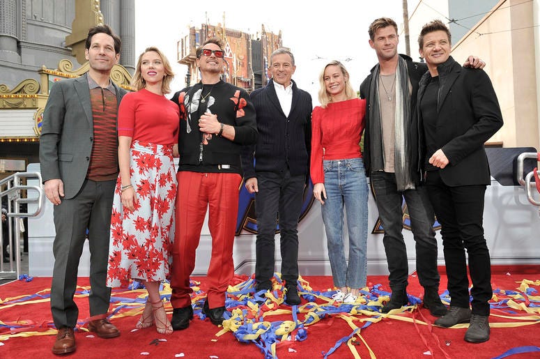 AP19095685728140 "Avengers: Endgame" cast members, Paul Rudd, from left, Scarlett Johansson, Robert Downey Jr., Robert Iger, Brie Larson, Chris Hemsworth and Jeremy Renner appear at an event announcing the Universe Unites Charity at Disney California Adventure Park on Fri