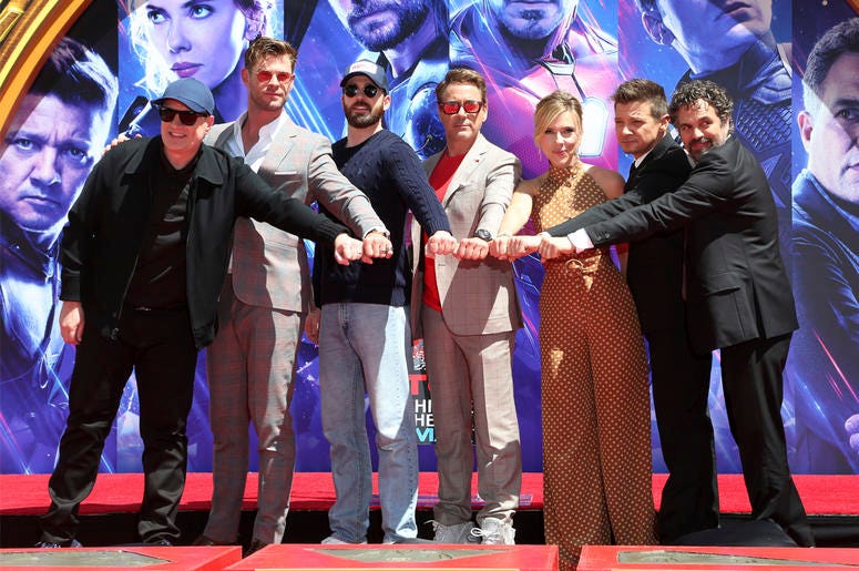 AP19113671876329 Marvel Studios President Kevin Feige, from left, poses with members of the cast of "Avengers: End Game," Chris Hemsworth, Chris Evans, Robert Downey Jr., Scarlett Johansson, Jeremy Renner and Mark Ruffalo at a hand and footprint ceremony at the TCL Chines