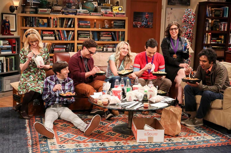 AP19136631945172 This photo provided by CBS shows Melissa Rauch, from left, Simon Helberg, Johnny Galecki, Kaley Cuoco, Jim Parsons, Mayim Bialik and Kunal Nayyar in a scene from the series finale of "The Big Bang Theory," Thursday, May 16, 2019, airing 8:30 - 9:00 p.m.,