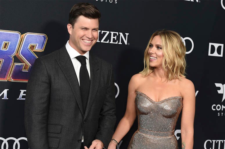 AP19139846947199 In this April 22, 2019, file photo, Colin Jost, left, and Scarlett Johansson arrive at the premiere of "Avengers: Endgame" at the Los Angeles Convention Center. (Photo by Jordan Strauss/Invision/AP, File)