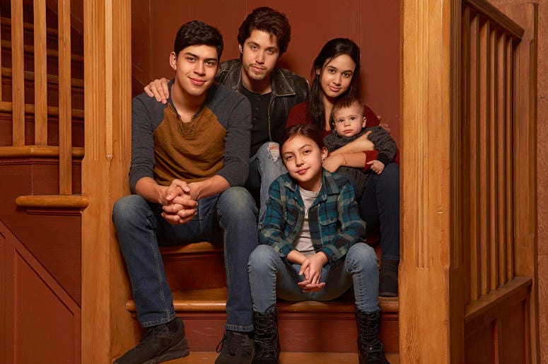 AP19141694134468 This image released by Freeform shows the cast of "Party of Five," Niko Guardado as Beto Buendia, left, Brandon Larracuente as Emilio Buendia, Elle Paris Legaspi as Valentina Buendia, foreground right, and Emily Tosta as Lucia Buendia.