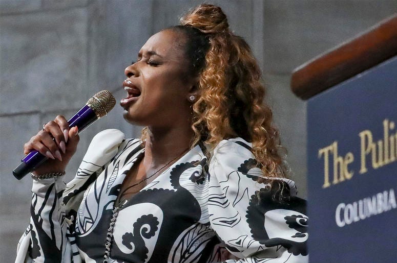 AP19148742320582 Singer Jennifer Hudson sings "Amazing Grace" in tribute to Aretha Franklin, who received a special music citation during the 2019 Pulitzer Prize winners awards luncheon at Columbia University, Tuesday May 28, 2019, in New York. (AP Photo/Bebeto Matthews)