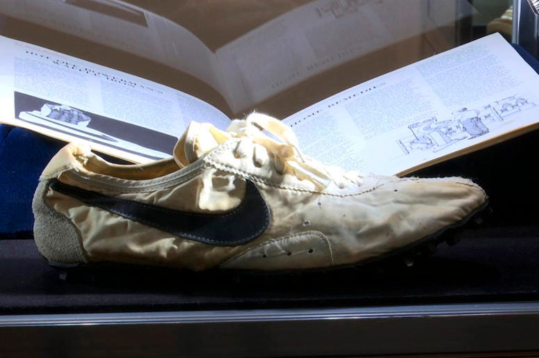 AP19193761174444 This image taken from video shows the Nike handmade Moon Shoe, designed by Nike co-founder Bill Bowerman in 1972, on display in New York on Friday, July 12, 2019. (AP Photo/Ted Shaffrey)