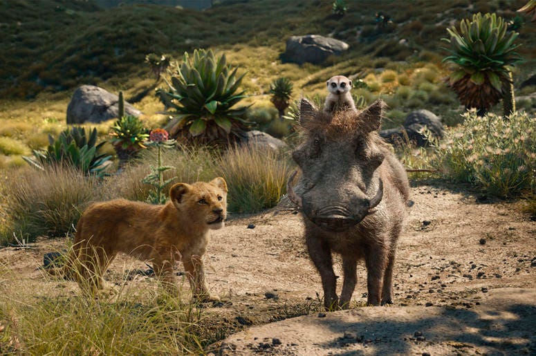 AP19202559359535 This file image released by Disney shows, from left, young Simba, voiced by JD McCrary, Timon, voiced by Billy Eichner, and Pumbaa, voiced by Seth Rogen, in a scene from "The Lion King." (Photo credit: Disney via AP, File)