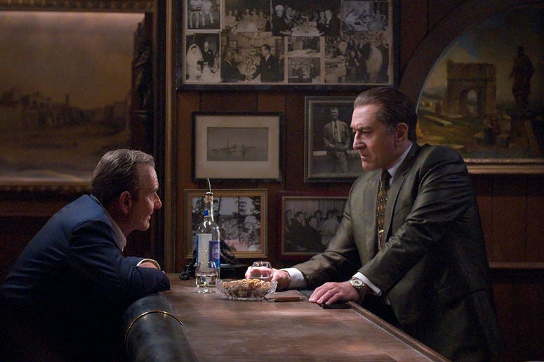 AP19210542924265 This image released by Netflix shows Joe Pesci, left, and Robert De Niro in a scene from "The Irishman." The film will make its world premiere at opening night of the New York Film Festival on September 27. (Niko Tavernise/Netflix via AP)