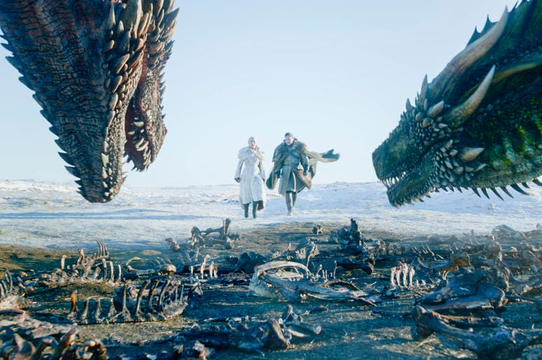 AP19260570015880 This image released by HBO shows Emilia Clarke, left, and Kit Harington in a scene from the final episode of "Game of Thrones." On Tuesday, July 16, 2019, the program was nominated for an Emmy Award for outstanding drama series. (HBO via AP)