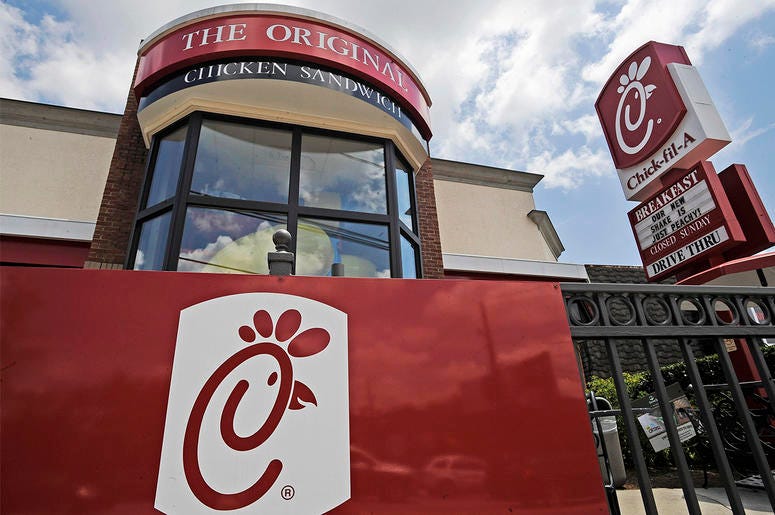 AP19323004847834 This July 19, 2012, file photo shows a Chick-fil-A fast food restaurant in Atlanta. (AP Photo/Mike Stewart, File)