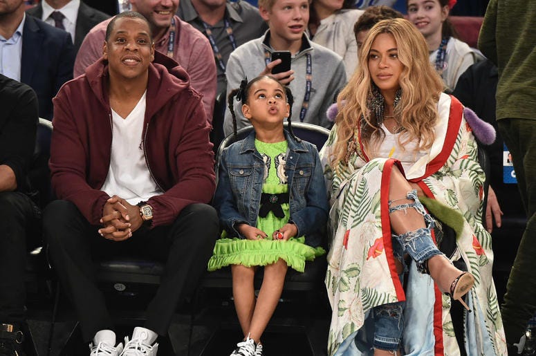 Jay Z, Blue Ivy Carter and Beyonce Knowles attend the 66th NBA All-Star Game at Smoothie King Center on February 19, 2017 Jay Z, Blue Ivy Carter and Beyonce Knowles attend the 66th NBA All-Star Game at Smoothie King Center on February 19, 2017