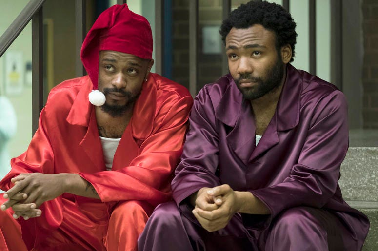 AP18191607380398 This image released by FX shows Lakeith Stanfield, left, and Donald Glover in a scene from the comedy series "Atlanta." Glover was nominated Thursday for an Emmy for outstanding lead actor in a comedy series. The 70th Emmy Awards will be held on Monday, S