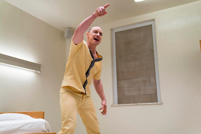 AP19027030134367 This image released by Universal Pictures shows James McAvoy in a scene from M. Night Shyamalan's "Glass." (Jessica Kourkounis/Universal Pictures via AP)