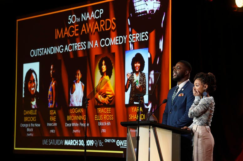 AP19044632723220 Logan Browning, right, reacts as Winston Duke announces her as a nominee for the 50th annual NAACP Image Awards during TV One's Winter Television Critics Association Press Tour on Wednesday, Feb. 13, 2019, in Pasadena, Calif. (Photo by Chris Pizzello/Invi