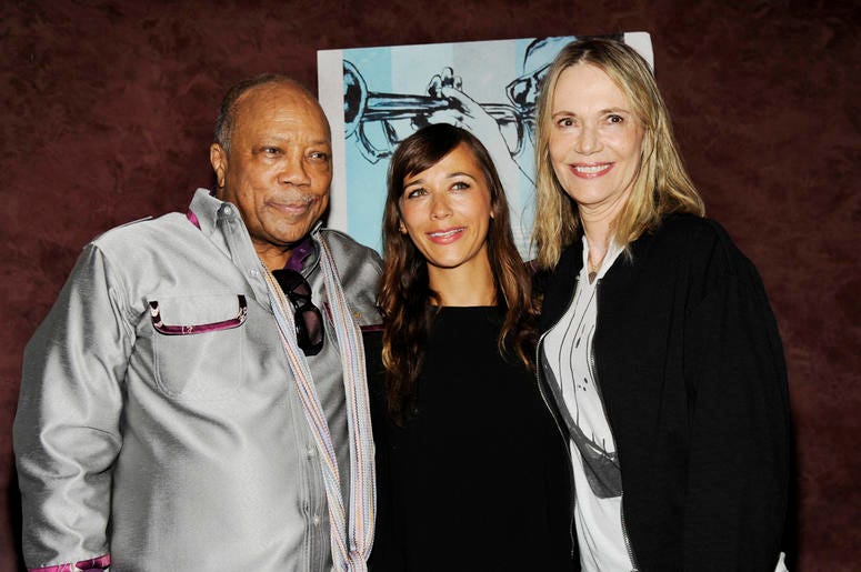 AP19132123728297 In this Sept. 17, 2014 file photo, Quincy Jones, left, a producer of the documentary film "Keep On Keepin' On," poses with ex-wife Peggy Lipton, right, and their daughter Rashida Jones at the premiere of the film at Landmark Theatres in Los Angeles. (Phot