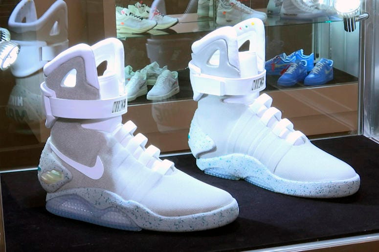 AP19193761097814 This image taken from video shows a pair of Nike Mags, inspired by "Back to the Future," on display in New York on Friday, July 12, 2019.