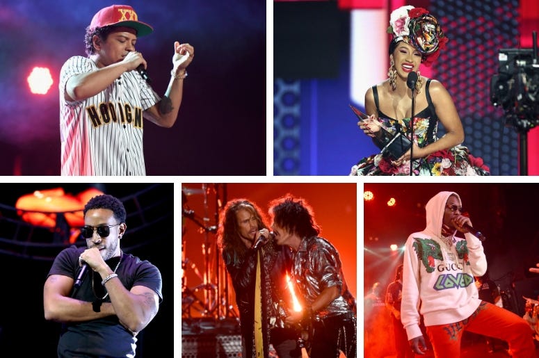 Bruno Mars, Cardi B, Migos, Aerosmith, Ludacris Bruno Mars, Cardi B, Migos, Aerosmith, Ludacris