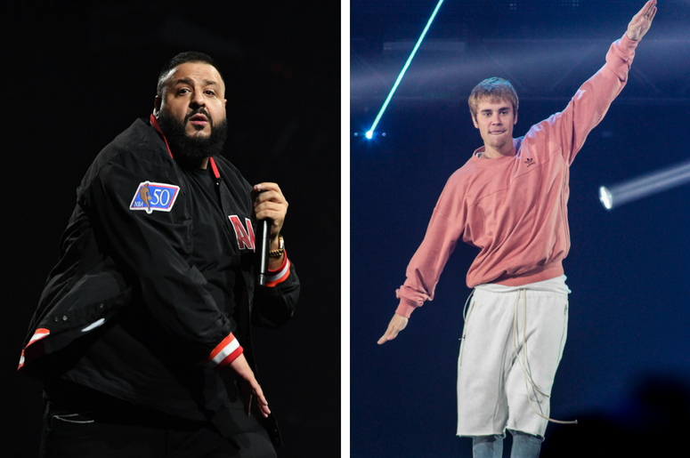 DJ Khaled | Justin Bieber March 30, 2018; Miami, FL, USA; DJ Khaled performs at American Airlines Arena. / SAN JOSE, CA - DEC 03: Recording artist Justin Bieber performs during Now! 99.7 Triple Ho Show 7.0 at the SAP Center on December 3, 2016 in San Jose, California.