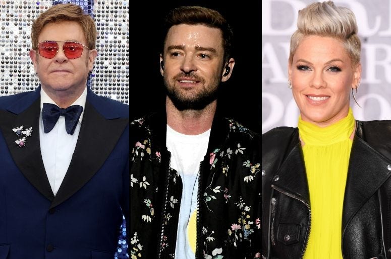 Elton John, JUstin Timberlake, and Pink Elton John, JUstin Timberlake, and Pink