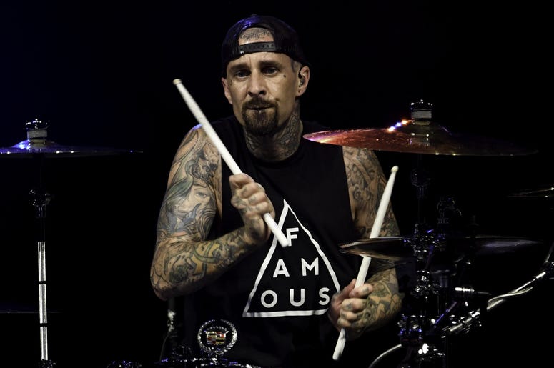 Blink-182 drummer Travis Barker performs at Perfect Vodka Amphitheater Blink-182 drummer Travis Barker performs at Perfect Vodka Amphitheater