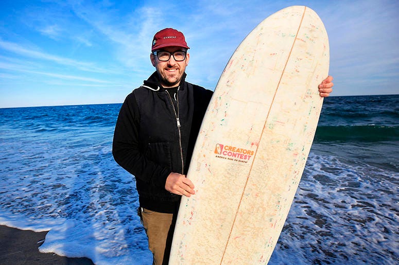 Coffee Cup Surfboard AP_Newsroom_Korey_Nolan_Vissla_Creators_Innovators_Upcycle_Contest_Coffee_Cup_Surfboard