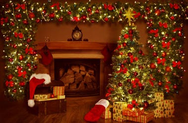 Christmas Fireplace and Xmas Tree, Presents Gifts Decorations Christmas Fireplace and Xmas Tree, Presents Gifts Decorations