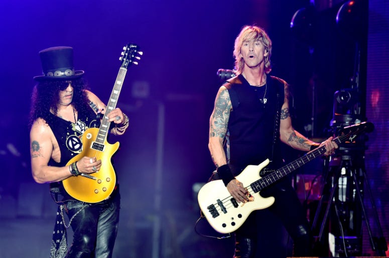 Musicians Slash (L) and Duff McKagan of Guns N' Roses perform onstage during day 2 of the 2016 Coachella Valley Music & Arts Festival Weekend 1 Musicians Slash (L) and Duff McKagan of Guns N' Roses perform onstage during day 2 of the 2016 Coachella Valley Music & Arts Festival Weekend 1
