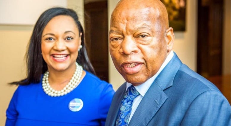 Georgia Democratic Party Chair Sen. Nikema Williams (l) will replace Rep John Lewis (r) on the ballot in November following his death Georgia Democratic Party Chair Sen. Nikema Williams (l) will replace Rep John Lewis (r) on the ballot in November following his death