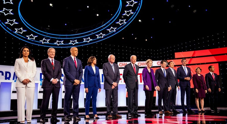 Democratic presidential candidates Hawaii Rep. Tulsi Gabbard, businessman Tom Steyer, New Jersey Sen. Corey Booker, California Sen. Kamala Harris, Vermont Sen. Bernie Sanders, former Vice President Joe Biden, Massachusetts Sen. Elizabeth Warren, South Ben Democratic presidential candidates Hawaii Rep. Tulsi Gabbard, businessman Tom Steyer, New Jersey Sen. Corey Booker, California Sen. Kamala Harris, Vermont Sen. Bernie Sanders, former Vice President Joe Biden, Massachusetts Sen. Elizabeth Warren, South Ben