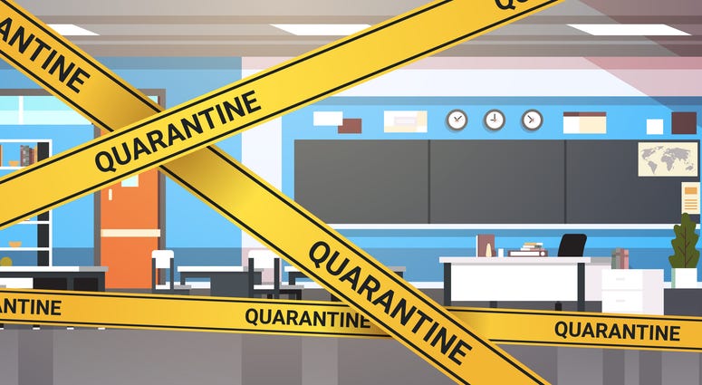 epidemic MERS-CoV quarantine caution on yellow warning tape modern school classroom interior coronavirus infection wuhan 2019-nCoV pandemic health risk concept horizontal