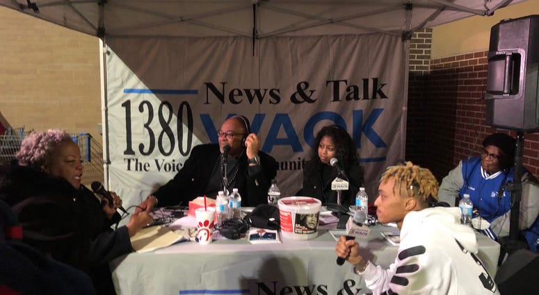 Derrick Boazman, Gabby Bell with Elisabeth Omilami, and Tron Austin at Hosea Helps on 11/19/19 Derrick Boazman, Gabby Bell with Elisabeth Omilami, and Tron Austin