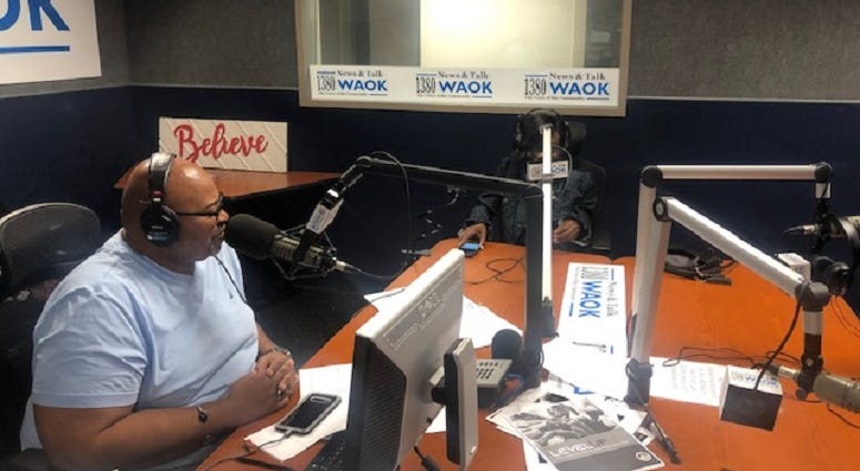 Derrick Boazman with Sports Agent Tiffany Porter in WAOK studios in Atlanta, GA 8/20/19 Derrick Boazman with Sports Agent Tiffany Porter