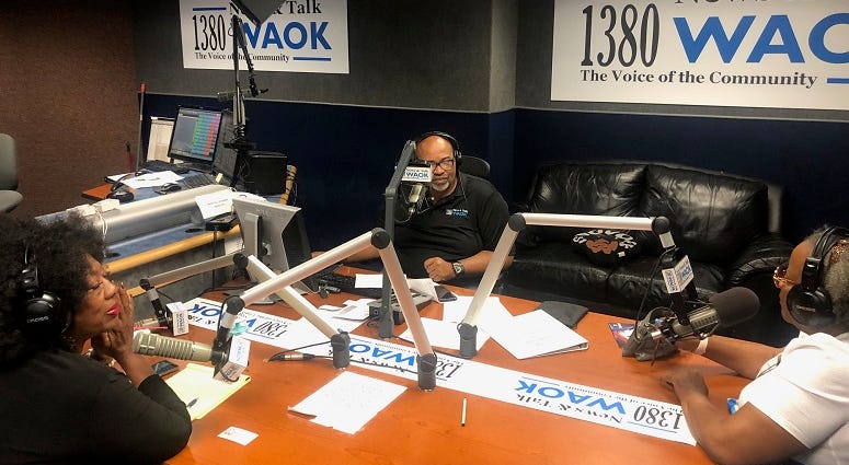 Derrick Boazman with Elisabeth Omilami, Cinnamon Baldwin inside WAOK Studio in Atlanta,GA 9/17/19 Derrick Boazman with Elisabeth Omilami, Cinnamon Baldwin