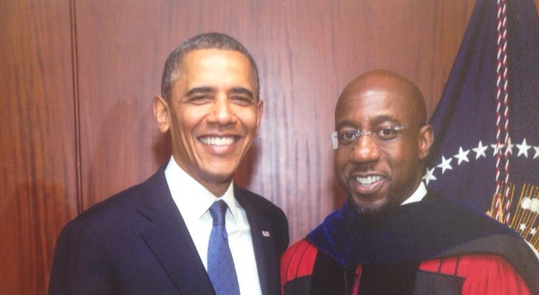 Former President Obama is shown in a photo with candidate for U.S. Senate Dr Raphael Warnock Former President Obama is shown in a photo with candidate for U.S. Senate Dr Raphael Warnock
