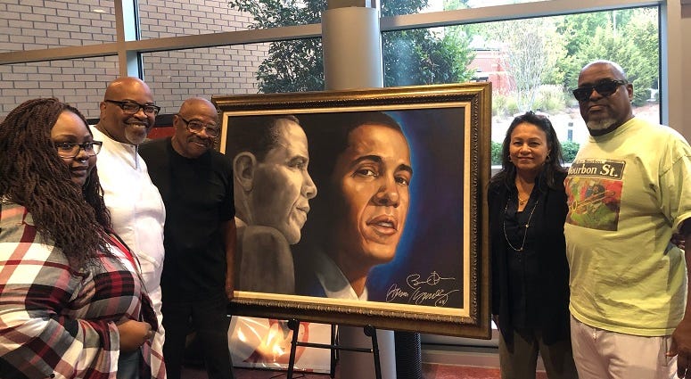 Derrick Boazman with Learical Jones, Gilbert Young, Mary Gill, Cecil Bernard with Barack Obama Piece Derrick Boazman with Learical Jones, Gilbert Young, Mary Gill, Cecil Bernard