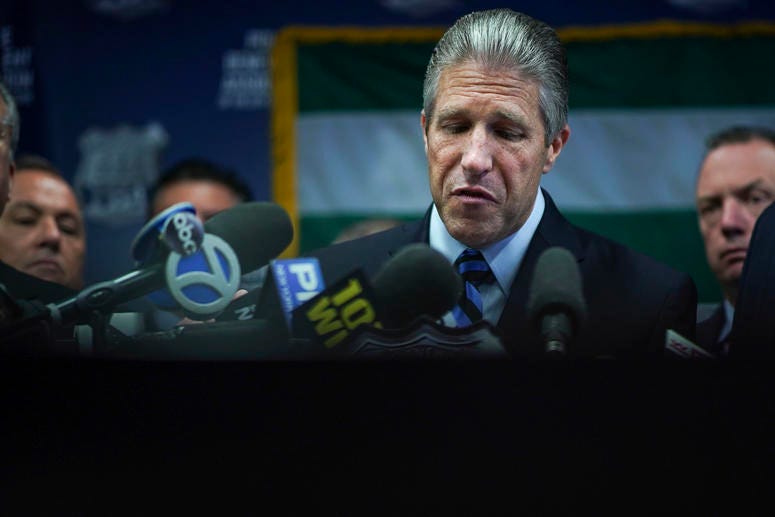 Pat Lynch, president of the NYC Police Benevolent Association, pauses while speaking during a press conference after the announcement of the termination of officer Daniel Pantaleo at PBA headquarters on August 19, 2019 in New York City