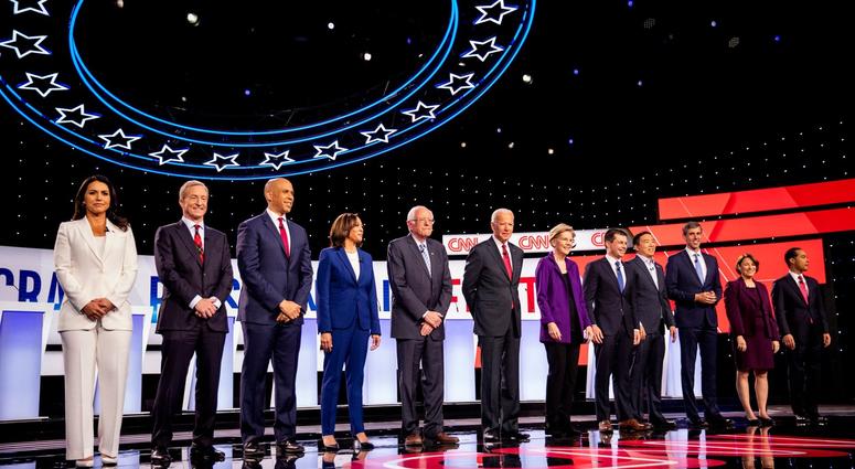 Democratic presidential candidates Hawaii Rep. Tulsi Gabbard, businessman Tom Steyer, New Jersey Sen. Corey Booker, California Sen. Kamala Harris, Vermont Sen. Bernie Sanders, former Vice President Joe Biden, Massachusetts Sen. Elizabeth Warren, South Ben Democratic presidential candidates Hawaii Rep. Tulsi Gabbard, businessman Tom Steyer, New Jersey Sen. Corey Booker, California Sen. Kamala Harris, Vermont Sen. Bernie Sanders, former Vice President Joe Biden, Massachusetts Sen. Elizabeth Warren, South Ben
