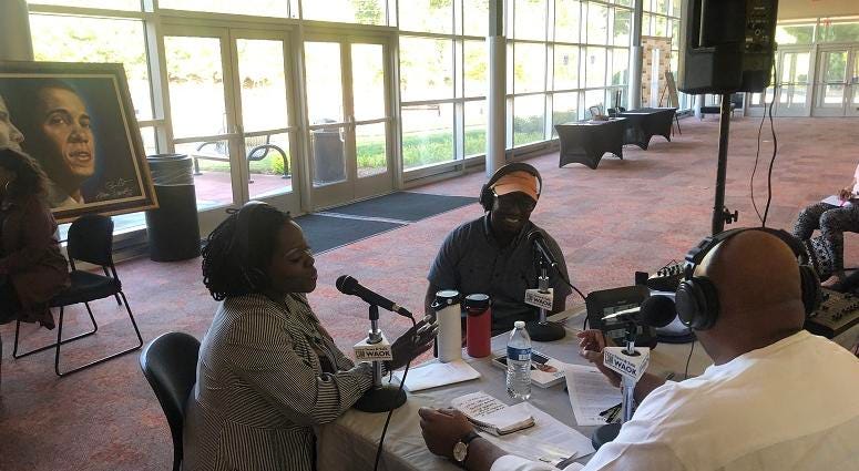 Nyrobi Moss & Artist Gilbert Young speaking with Derrick Boazman on 10/10/19 Nyrobi Moss & Artist Gilbert Young