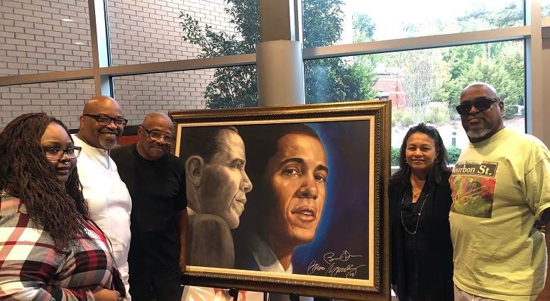 Derrick Boazman with Learical Jones, Gilbert Young, Mary Gill, Cecil Bernard with Barack Obama Piece Derrick Boazman with Learical Jones, Gilbert Young, Mary Gill, Cecil Bernard