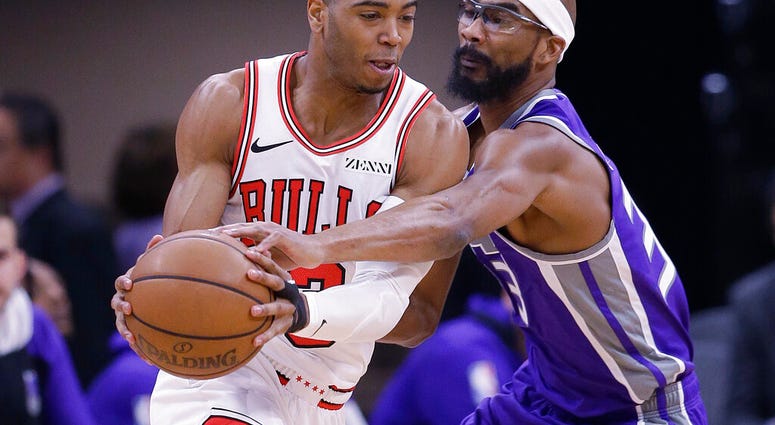 Sacramento Kings guard Corey Brewer, right, tries to steal the ball from Chicago Bulls guard Shaquille Harrison during the first half of an NBA basketball game Sunday, March 17, 2019, in Sacramento, Calif. Sacramento Kings guard Corey Brewer, right, tries to steal the ball from Chicago Bulls guard Shaquille Harrison during the first half of an NBA basketball game Sunday, March 17, 2019, in Sacramento, Calif.
