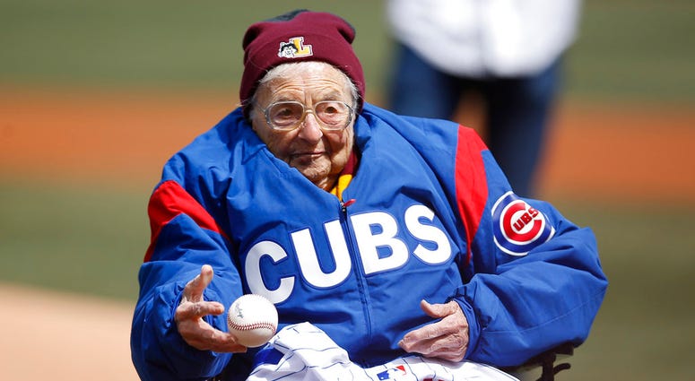 Loyola University Chicago's Sister Jean throws out a ceremonial pitch prior to the start of the Cubs' home opening baseball game against the Pittsburgh Pirates Tuesday, April 10, 2018, in Chicago.