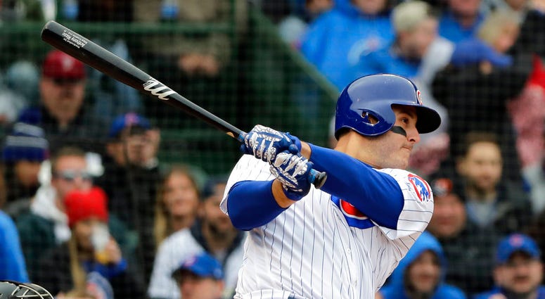 Chicago Cubs' Anthony Rizzo hits a three-run home run against the Chicago White Sox during the first inning of a baseball game Saturday, May 12, 2018, in Chicago. Chicago Cubs' Anthony Rizzo hits a three-run home run against the Chicago White Sox during the first inning of a baseball game Saturday, May 12, 2018, in Chicago.