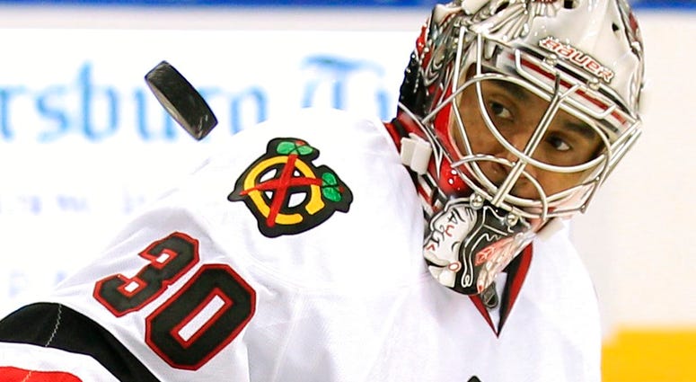 FILE - In this Nov. 4, 2011 file photo Chicago Blackhawks goalie Ray Emery keeps his eyes on a shot by the Tampa Bay Lightning during the second period of an NHL hockey game in Tampa, Fla. Emery has drowned in his hometown of Hamilton, Ontario. He was 35.