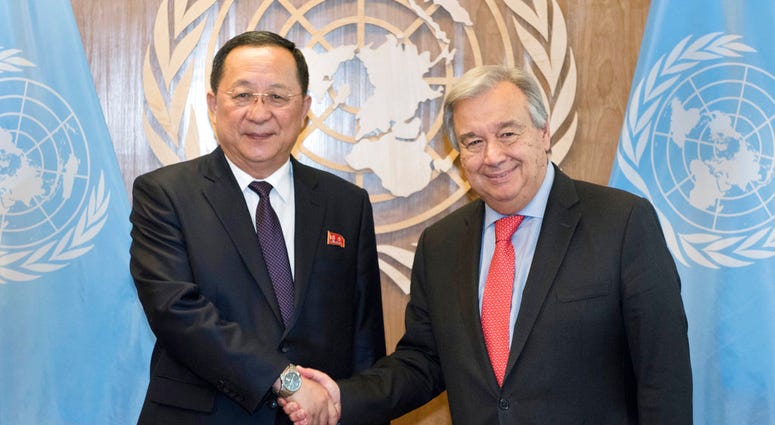 In this photo provided by the United Nations, Ri Yong Ho, left, Minister for Foreign Affairs, Democratic People's Republic of Korea, is greeted by United Nations Secretary General Antonio Guterres. In this photo provided by the United Nations, Ri Yong Ho, left, Minister for Foreign Affairs, Democratic People's Republic of Korea, is greeted by United Nations Secretary General Antonio Guterres.